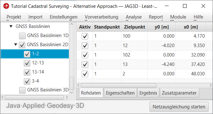 Parametrierung der Abszissen- und Ordinatenwerte einer Messungslinie als GNSS Basislinie