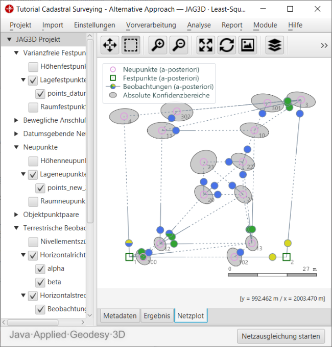 Netzskizze nach der Ausgleichung der klassischen Katasteraufnahme mittels GNSS Basislinien